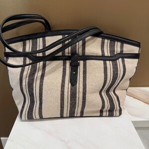 Sole Society canvas tote bag, cream/black, faux leather trim and straps